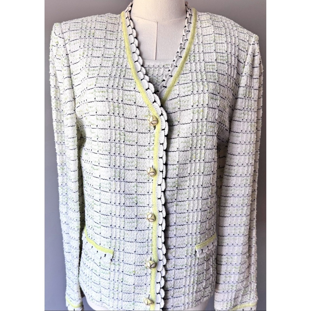 St John Collection Knit Suit Jacket Tank Set 10 L White Lime Navy